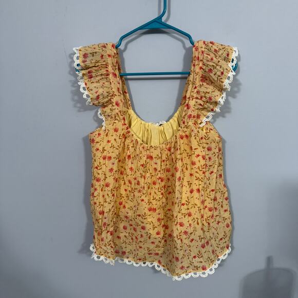By Together Yellow Floral Print Top w Cap Sleeves Women's Size Small Cottagecore - Picture 2 of 6